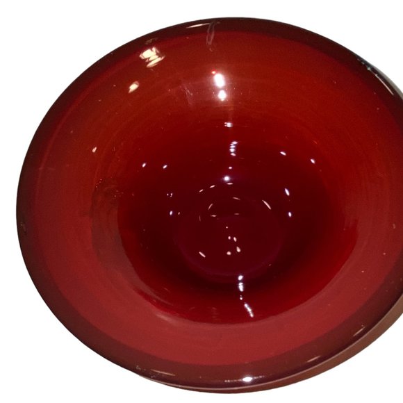 Blown Art Glass Bowl Dish Studio Signed Rust Burgundy Round Clear Handle - Picture 4 of 7